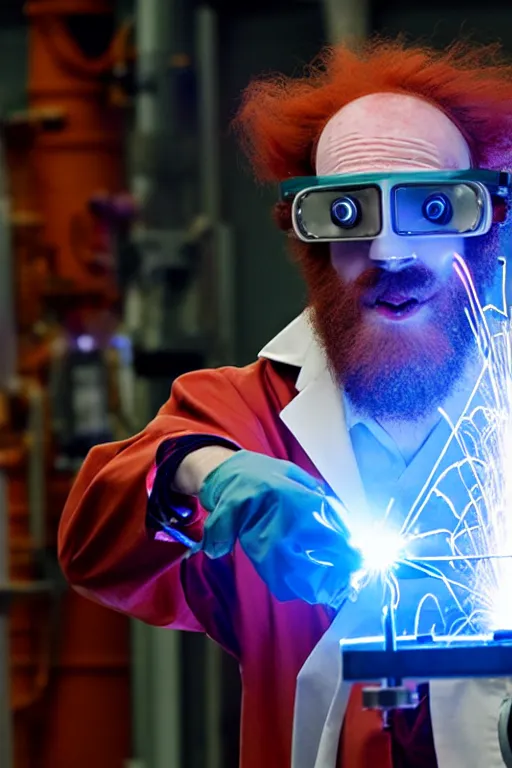 Image similar to an awkwardly tall scientist with 3 eyes and a tangled beard and unruly red hair atop his balding head wearing a labcoat and welding goggles and holding a beaker, high resolution film still, movie by Ivan Reitman