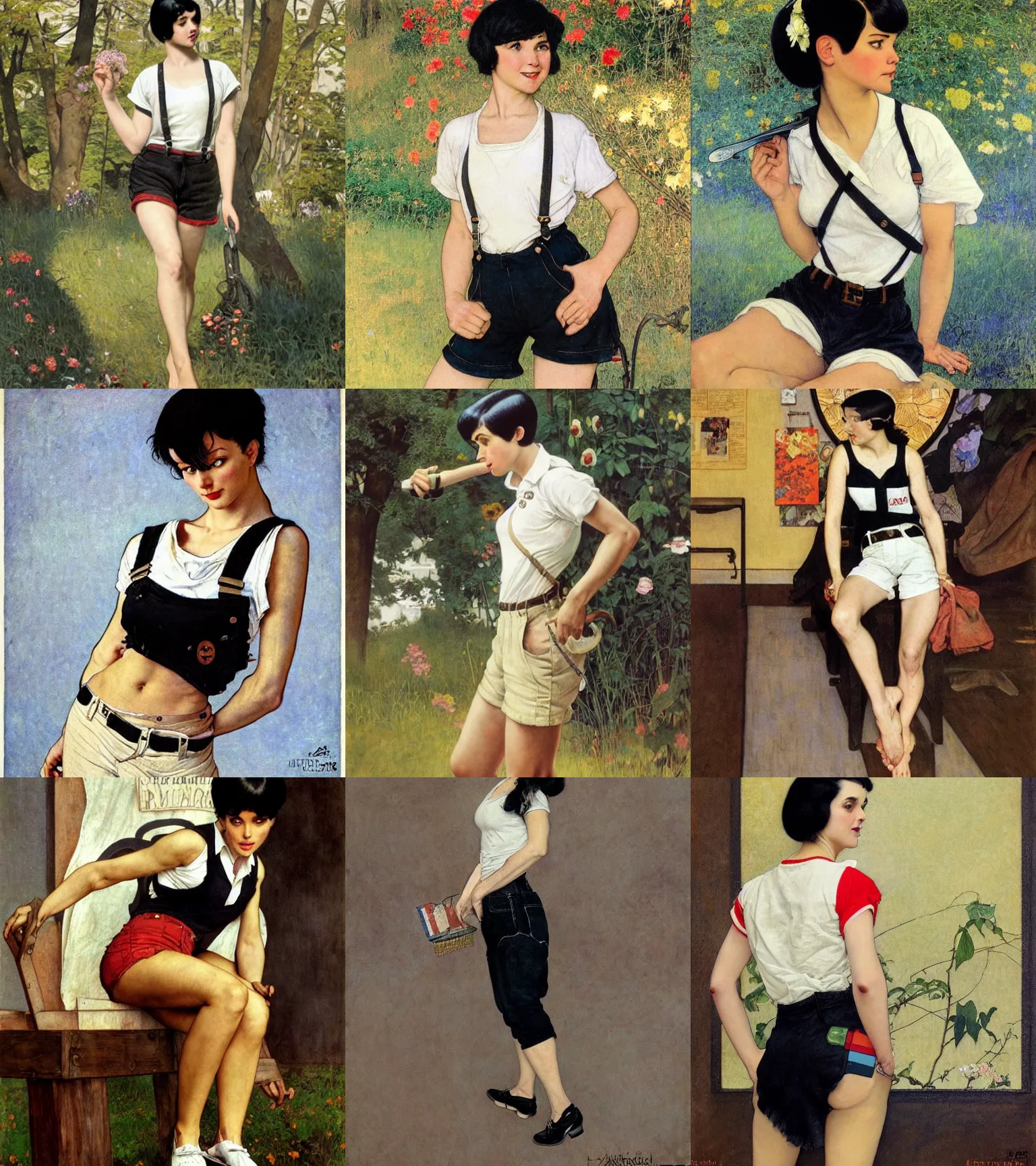 Prompt: a woman with black hair and long pixie haircut in shorts with suspenders and white t-shirt drawn by maler collier, norman rockwell, frank frazetta, alphonso azpiri, peter paul rubens, alphonse mucha, gustav klimt 4k, unreal 5, DAZ, french noveau, trending on artstation, octane render, hyperrealistic