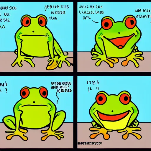 Image similar to a four panel comic about a talkative frog