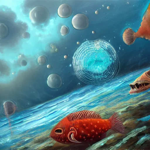 Image similar to Ocean with strange fish on planet Kepler-22-BKepler-22-B, oil Painting, ultradetailed, artstation, ultradetailed, digital Painting