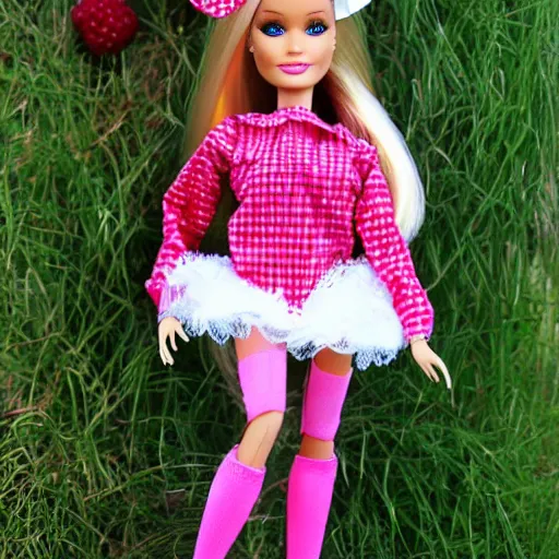 Prompt: barbie doll, bunny costume, playboy, rabbit ears, plaid tights, full length, raspberry banana color, lace