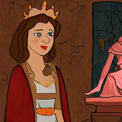 Prompt: rachel bloom as an animated princess looking at a statue of christ covered in bloody severed thief hands in a medieval world with lots of disease and cruelty, digital art