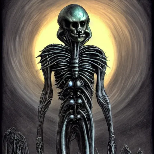 Prompt: vecna, alien landscape behind him, in the style of h. r. giger, ominous, gloomy