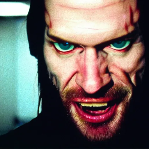 Prompt: a vhs still portrait of aphex twin breaking into the office from a gritty cyberpunk 2 0 0 0 s james cameron movie about the punisher. realism, cinematic lighting, 4 k. 8 mm. grainy. panavision.
