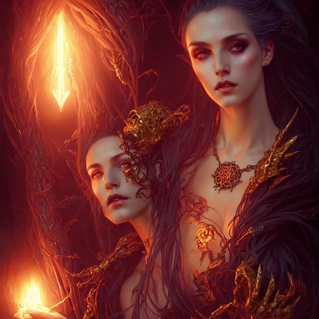 Image similar to Beautiful Evil Necromancer Sorceress, fantasy magic, undercut hairstyle, dramatic lighting, golden hour, close to night, intricate, elegant, sharp focus, illustration, highly detailed, digital painting, concept art, matte, art by WLOP and Artgerm and Greg Rutkowski and Alphonse Mucha, masterpiece