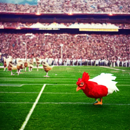 Image similar to the famous funky chicken runs across a football field, interrupting the big game, 3 5 mm