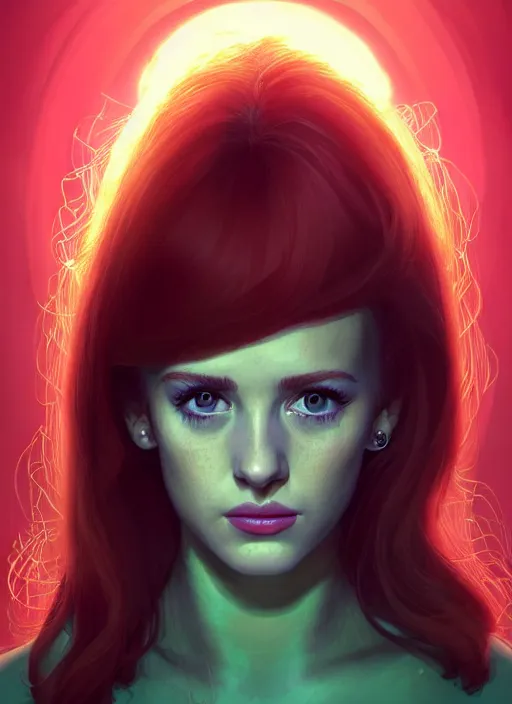 Image similar to portrait of teenage cheryl blossom, bangs, green eyes, mean expression, mischievous expression, red hair, evil smirk, bangs and wavy hair, bangs, intricate, elegant, glowing lights, highly detailed, digital painting, artstation, concept art, smooth, sharp focus, illustration, art by wlop, mars ravelo and greg rutkowski