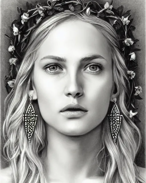 Image similar to pencil drawing of a beautiful greek goddess aphrodite wearing a laurel wreath and arrowhead earrings, beautiful confident and piercing eyes, beautiful blonde hair, hyper realistic face, in the style of greg rutkowski, fantasy, amazing detail, epic, elegant, smooth, sharp focus, from the front