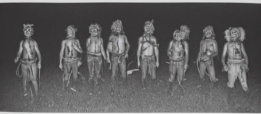 Image similar to circa 1 9 7 0 s restored 1 3 mm film photograph of a group of clowns in a field holding machetes at night, liminal, dark, thunderstorm, dark, flash on, blurry, ominous lighting