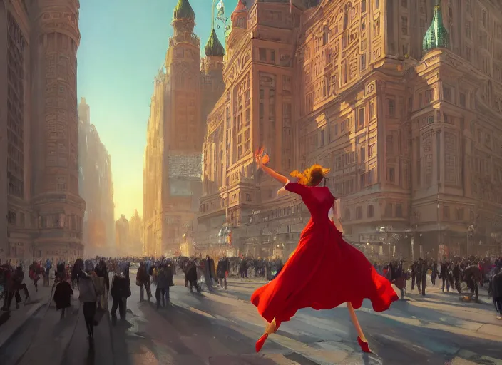 Image similar to gorgeous inspiring girl enthusiastically waving a red flag over her head to inspire people in a Mandelbrot fractal bustling Moscow City by Craig Mullins, ilya kuvshinov, krenz cushart, artgerm trending on artstation by Edward Hopper and Dan Mumford and WLOP and Rutkovsky, Unreal Engine 5, Lumen, Nanite