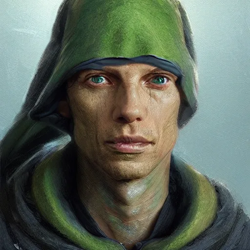 Image similar to portrait of a man by greg rutkowski, jedi knight, human twi'lek hybrid, green skin, wool cap, star wars expanded universe, he is about 3 0 years old, highly detailed portrait, digital painting, artstation, concept art, smooth, sharp foccus ilustration, artstation hq