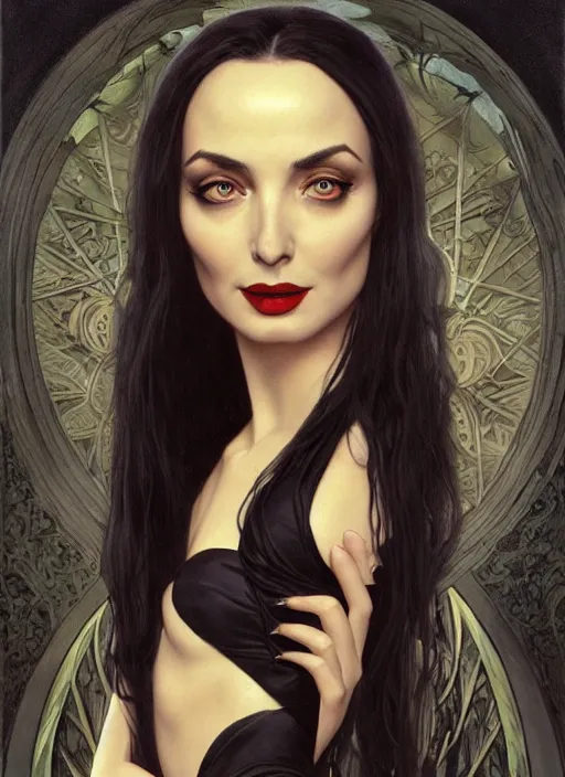 Image similar to ana de armas as morticia addams, masterpiece, intricate, elegant, highly detailed, digital painting, artstation, concept art, smooth, sharp focus, illustration, art by artgerm and greg rutkowski and alphonse mucha and uang guangjian and gil elvgren and sachin teng, symmetry!!