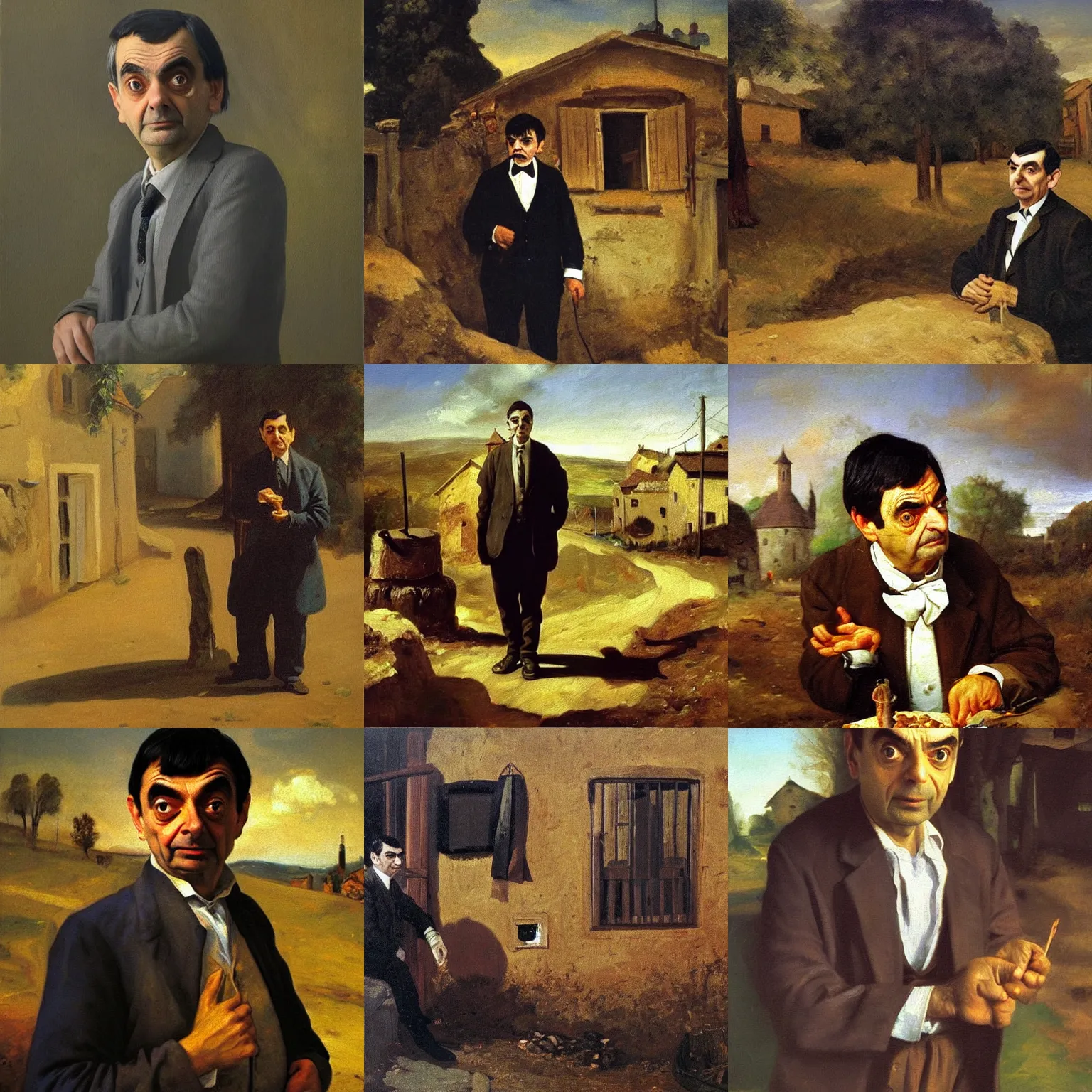 Prompt: mr bean in a serbian village, long shot, famous oil painting by goya and realist painters, 8 k