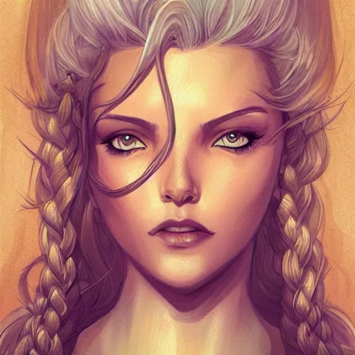 Prompt: beautiful portrait commission of a girl with two blonde plats squinting her eyes from the sun. character design by charlie bowater, detailed, inked, western comic book art