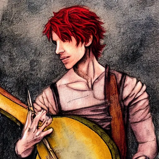 Prompt: kvothe from name of the wind, with fire red hair, restringing his lute. illustrated in oil paints and charcoal like a tarot card