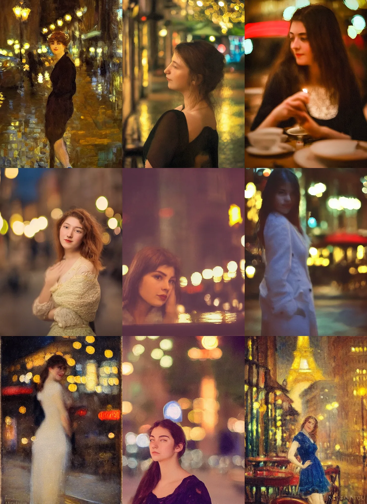 Prompt: an impressionist portrait painting of a beautiful young woman by fernand toussaint, paris cafe at night with city lights bokeh background,!!! shallow depth of field!!!, canon 5 0 mm!! tilt - shift!! lens f 1. 2