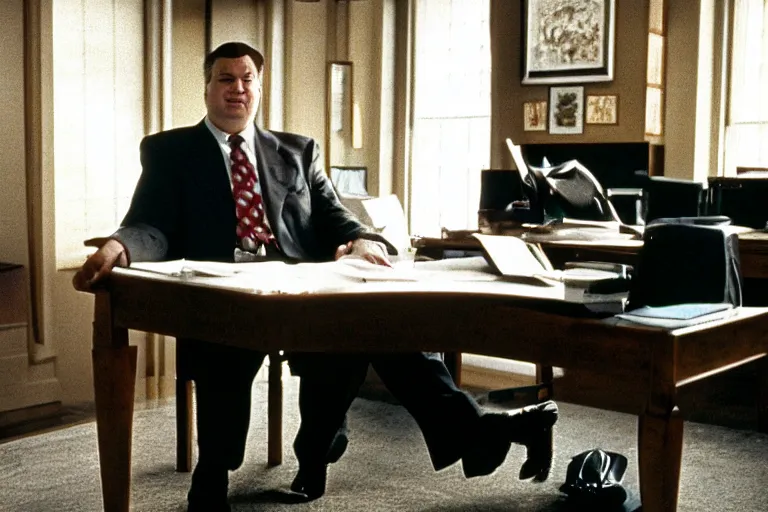 Prompt: cinematic film still from 1994 film: portly clean-shaven white man wearing suit and necktie at his desk, holding his left foot up in the air, XF IQ4, f/1.4, ISO 200, 1/160s, 8K, RAW, dramatic lighting, symmetrical balance, in-frame