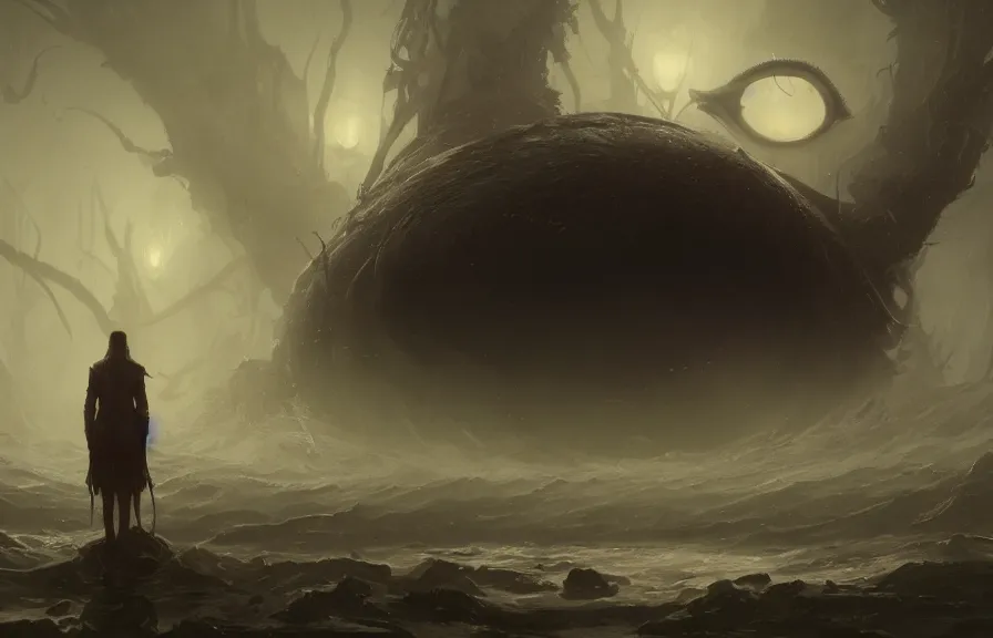 Prompt: a giant eye looms out of the murky depths, atmospheric, bad trip, eldritch horror, character art by Greg Rutkowski, 4k digital render