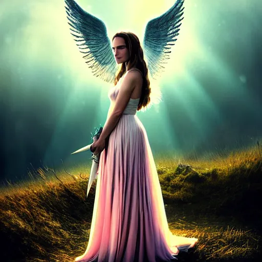 Image similar to royalty angel, big wings, argentina, natalie portman, hudson river school, max rive, full plate armor, f 1 6, bokeh, gentle, female, snowy mountain, storm clouds, god rays, close up portrait, d & d, fantasy, elegant, teal pink white gold color palette, concept art, roger deakins and greg rutkowski and alphonse mucha