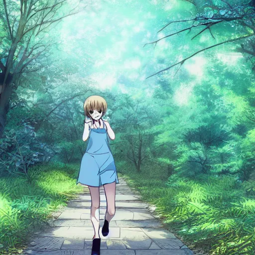 Image similar to A happy anime girl skipping down a path in a forest, anime shading, digital art, hyper-realistic