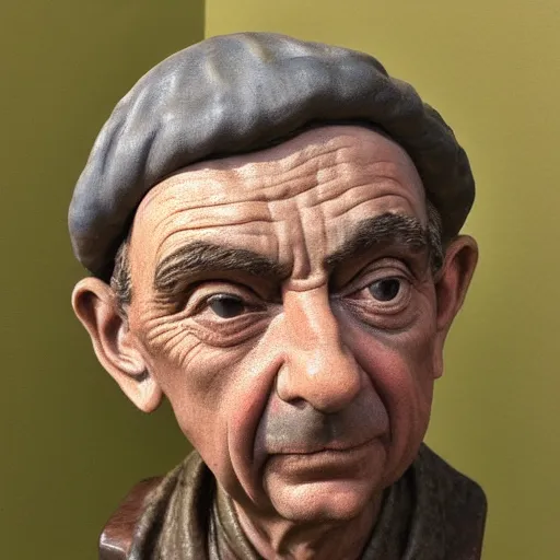 Image similar to hyper realistic closeup bust of a new england fisherman, mr. bean, painted, colorized, bossons vintage chalkware, by emile renouf