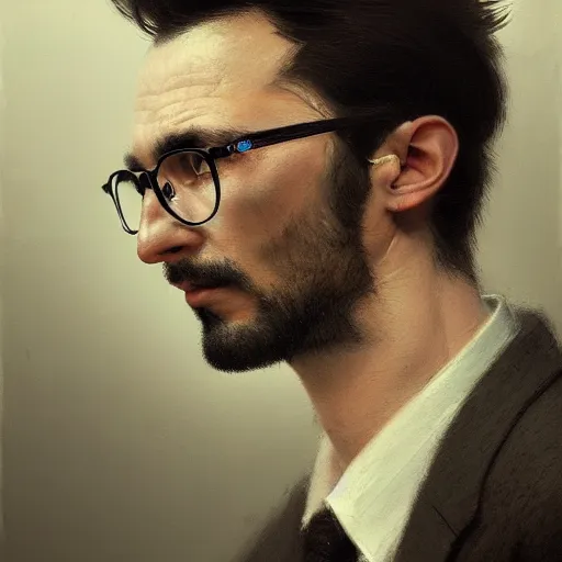 Prompt: portrait photograph of a male italian artist wearing glasses, anxiety and depression, intricate, elegant, highly detailed, hyper realistic, dark background, artstation, smooth, sharp focus, shot by canon, by greg rutkowski