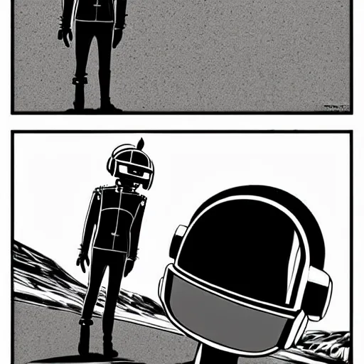 Image similar to a study of cell shaded cartoon of a daft punk in the style of howl's moving castle ( 2 0 0 4 ) on a desert road, full body, wide shot, very muted colors, post grunge, studio ghibli, laurie greasley, highly detailed, deviantart, art by artgem