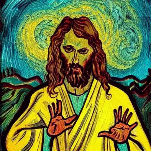 Prompt: jesus spreads his hands against the background of growing cannabis. an oil painting in the style of van gogh