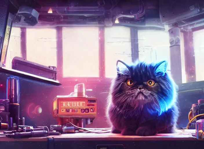 Image similar to low angle shot of a stretching persian cat wearing cyberpunk outfit on a mechanics workbench in a spaceport in a space opera studio ghibli animated film, volumetric lighting, octane render by anime, stanley artgerm lau, greg rutkowski, thomas kindkade, alphonse mucha, loish, norman rockwel, highly detailed