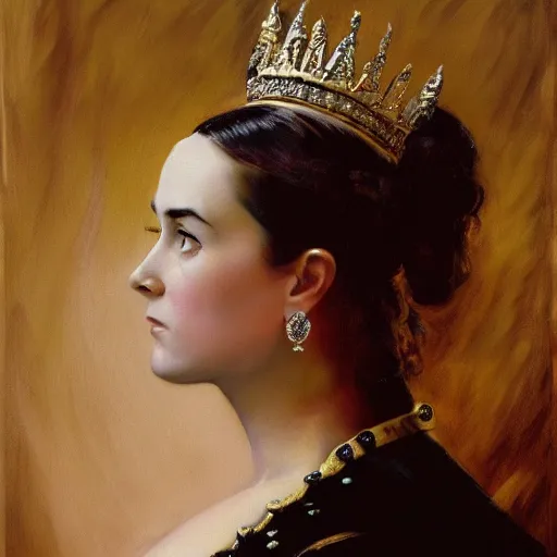 Prompt: frank frazetta portrait of jennifer connelly as queen victoria, full body, 8 k, realistic, photo real, smooth, sharp, intricate detail, hyper detail, dramatic lighting, dramatic shading