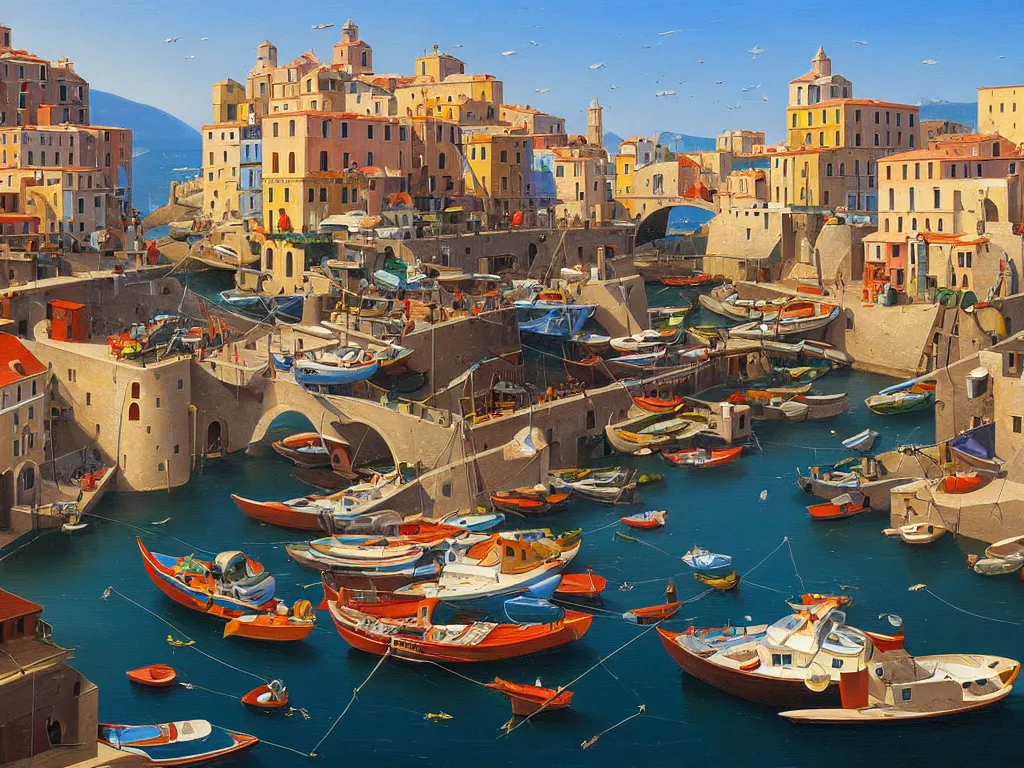 Image similar to A detailed oil painting of a beautiful Italian coastal town, bridge, boats, by Michiel Schrijver, isometric