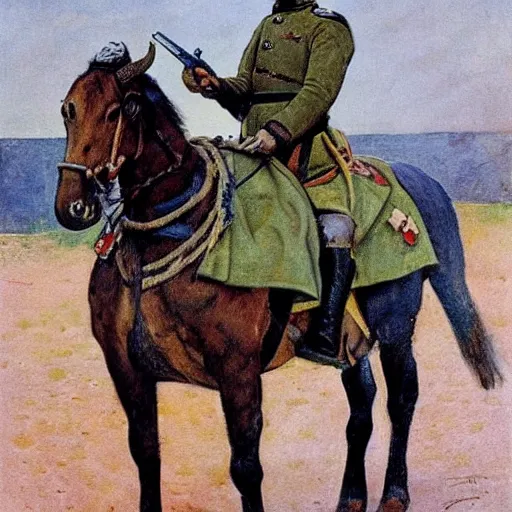 Prompt: painting of a soviet officer on his horse, pistol in his hand, leading his soldiers into battle, fine art, painted by carl larsson , art deco W 1024