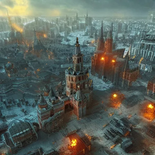 Image similar to Moscow in warhammer 40000 , 4k, 8k, top cinematic lighting , cinematic mood, very detailed, small details, realistic illustration, hyperrealism