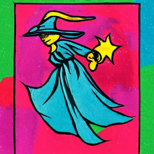 Image similar to colorful printmaking of a witch flying