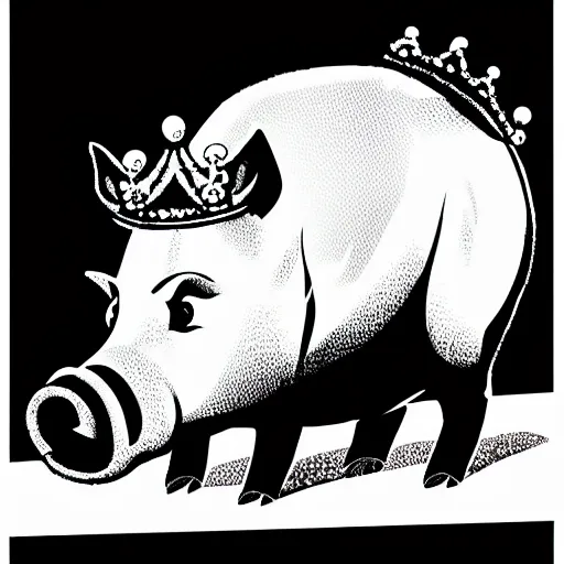 Image similar to walking pig wearing crown vector comic book art black and white 30mm