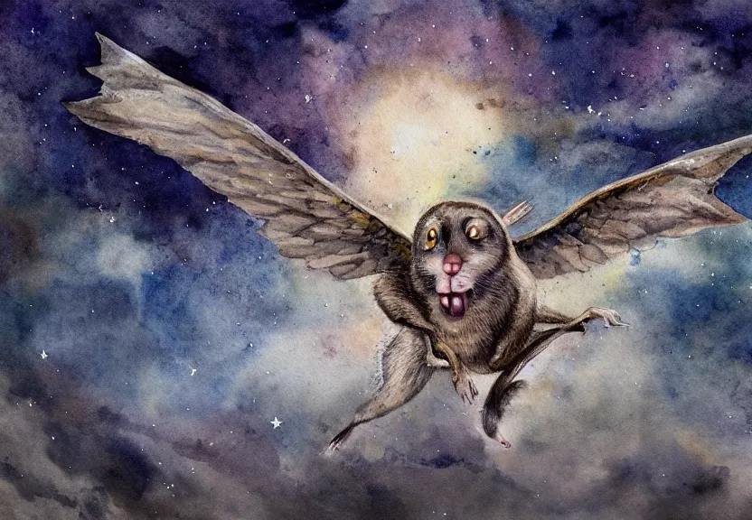 Image similar to epic winged possum flying over a medieval castle under a dark starred sky, dark fantasy, watercolor, dreaming illusion, highly detailed, 4k, trending on Artstation, award-winning