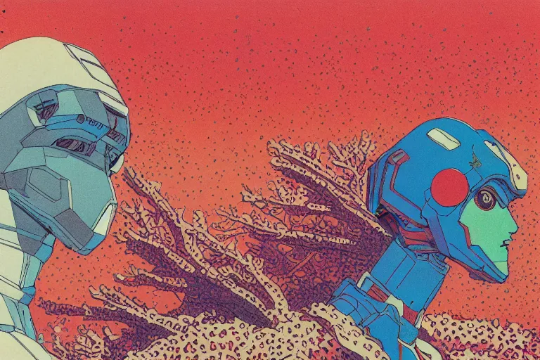 Image similar to risograph grainy drawing vintage sci - fi, satoshi kon color palette, gigantic gundam full - body covered in dead coral reef, 1 9 8 0, kodachrome, natural colors, codex seraphinianus painting by moebius and satoshi kon and dirk dzimirsky close - up portrait