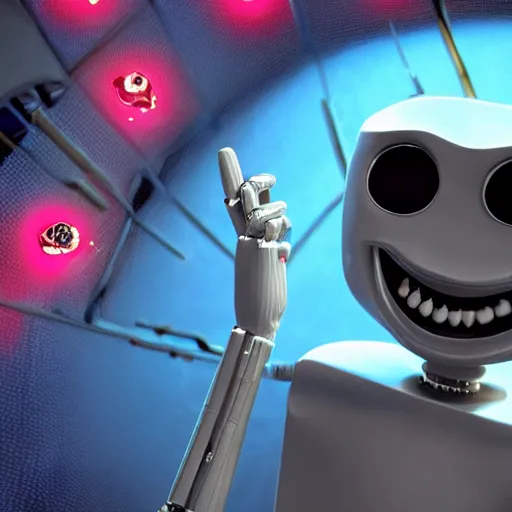 Prompt: < movie type = 3 d - animation reviews ='5 stars'> rich robot laughs maniacally as he calculates his wealth < / movie >