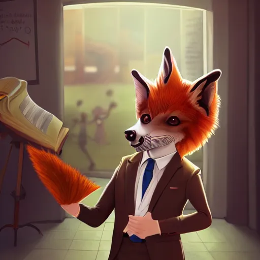 Image similar to award - winning extremely detailed fantasy art of a cute male anthropomorphic vulpes vulpes fulva teacher wearing suit working at a school, 4 k cinematic still photography, dramatic lighting, lifelike hyper realistic