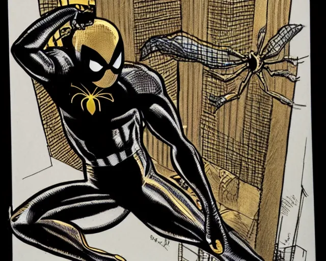 Image similar to photorealistic sketch of black spider - man with gold webbing by steve ditko