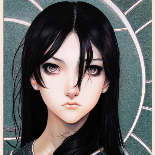 Image similar to portrait of beautiful symmetrical anime girl, black hair, attractive, casual, modern, highly detailed, digital painting, artstation, concept art, smooth, sharp focus, illustration, art by moebius artgerm, greg rutkowski and alphonse mucha, 8 k