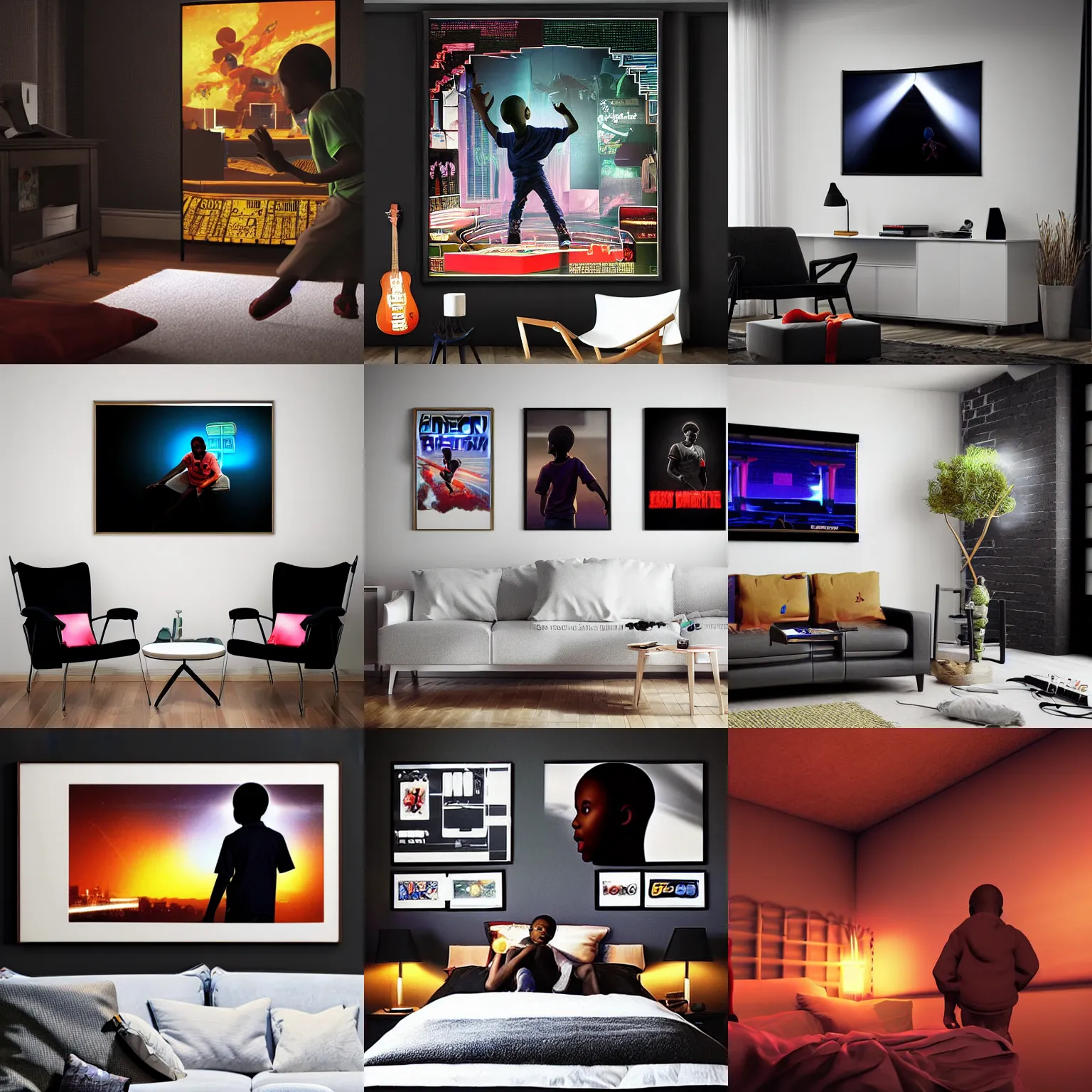 Prompt: a black boy playing video - game in your dark room!!! ( 1 9 9 0 s ) posters on wall, elegant digital art high detailed, volumetric light - s 1 5 0