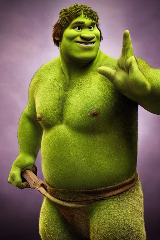 Image similar to Chris Pratt as Shrek in live action adaptation, green skin, set photograph in costume, cosplay