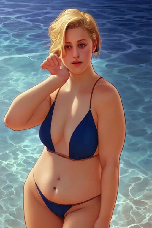 Image similar to obese lili reinhart in swimsuit, realistic, symmetrical, highly detailed, digital painting, artstation, concept art, smooth, sharp focus, illustration, cinematic lighting, art by artgerm and greg rutkowski and alphonse mucha