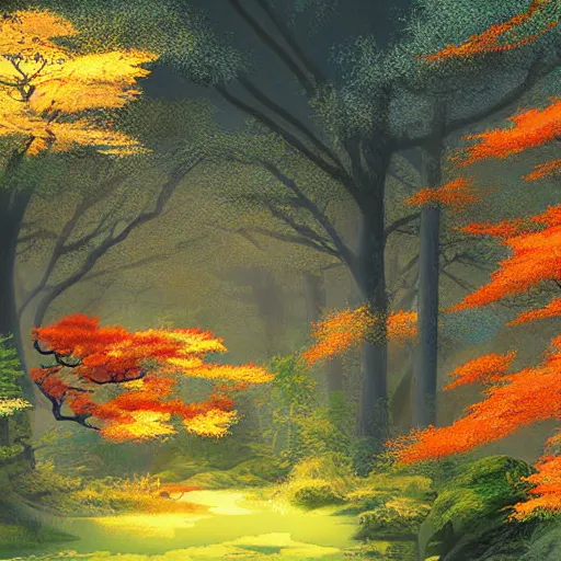 Image similar to a japanese forest, sunny, digital art