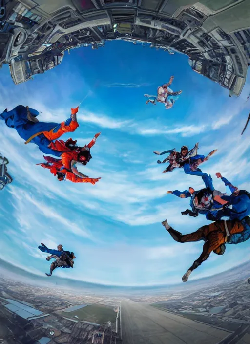 Image similar to An epic fantastic realism comic book style painting of hippies skydiving over the pentagon on acid, fisheye lens, unreal 5, DAZ, hyperrealistic, octane render, dynamic lighting