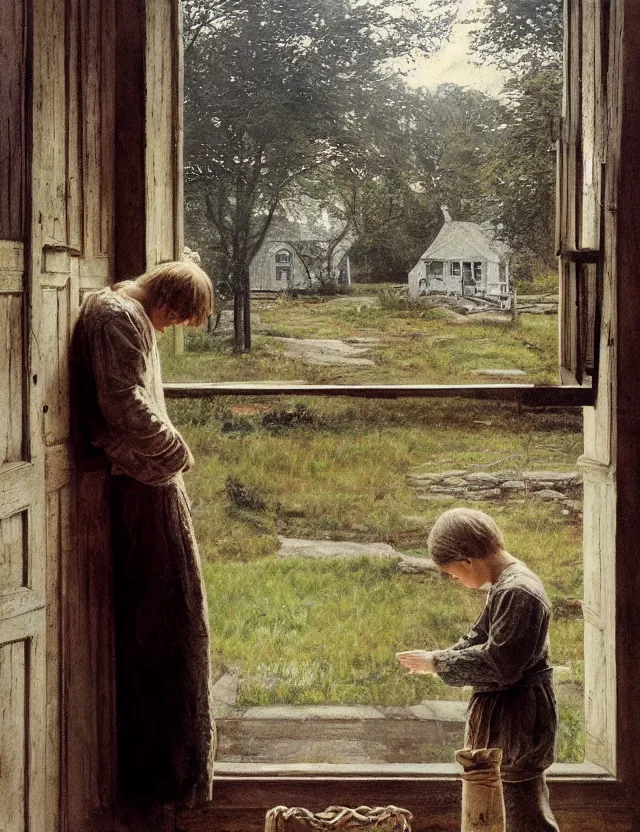 Image similar to peasant boy praying in country house in front of an icon, cottage core, cinematic focus, polaroid photo bleached vintage pastel colors high - key lighting, soft lights, foggy, by steve hanks, by lisa yuskavage, by serov valentin, by tarkovsky, detailed, oil on canvas