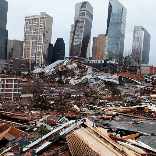 Prompt: cityscape with destructive tornado destroying buildings