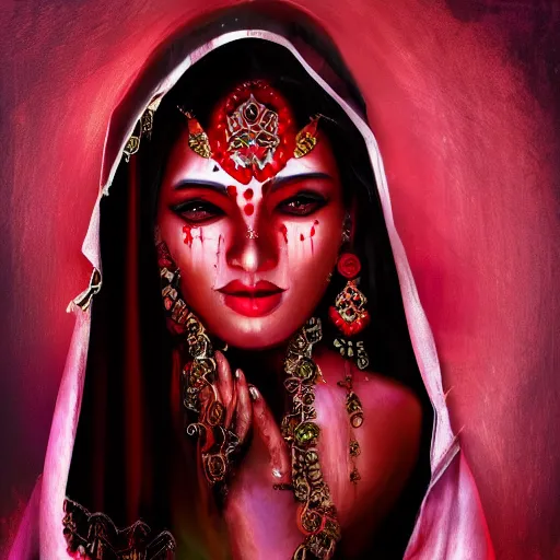 Image similar to beautiful Hindu lady of the dark with veil, in darkness, cover with blood, horror terrifying, soft light, surreal realistic, photorealistic, hyper details, full HD, 8k!