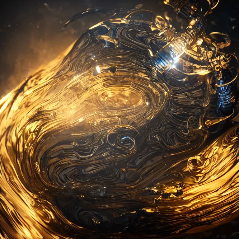 Prompt: swirling abstract cyborg parts and ornate flowing smoke streams and smooth particle effects surround a metallic spiral, cinematic, unreal engine